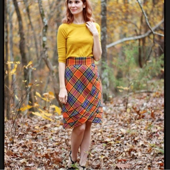 Anthropologie Skirt Womens 6 Orange Plenty Tracy Reese Plaid Pencil Wool Tweed - Picture 6 of 7